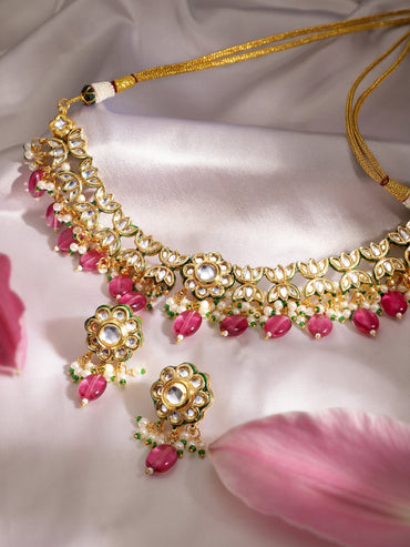 22K Gold plated Kundan crystal studded pearls and purple Gem Beads floral Regal Necklace Set Jewellery Sets