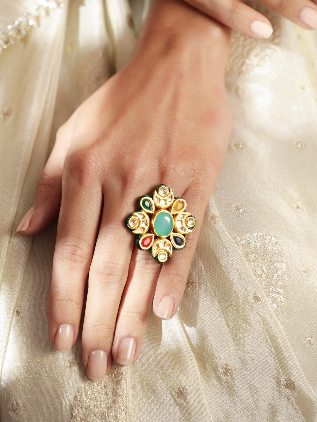 22K Gold plated kundan crystal with navratna crystal studded enamel detail regal ring Rings