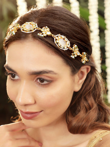 22K Gold plated Kundan crystal with pastel beads and pearls Regal Sheesh Phool Accessories 