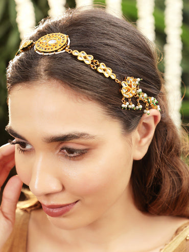 22K Gold plated Kundan crystal with pastel beads and pearls Regal Sheesh Phool Accessories 