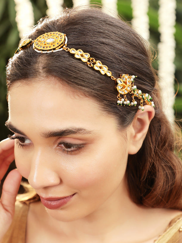 22K Gold plated Kundan crystal with pastel beads and pearls Regal Sheesh Phool Accessories 