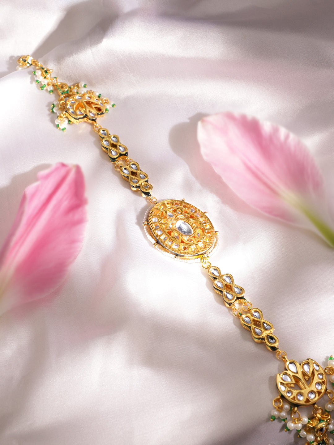 22K Gold plated Kundan crystal with pastel beads and pearls Regal Sheesh Phool Accessories 