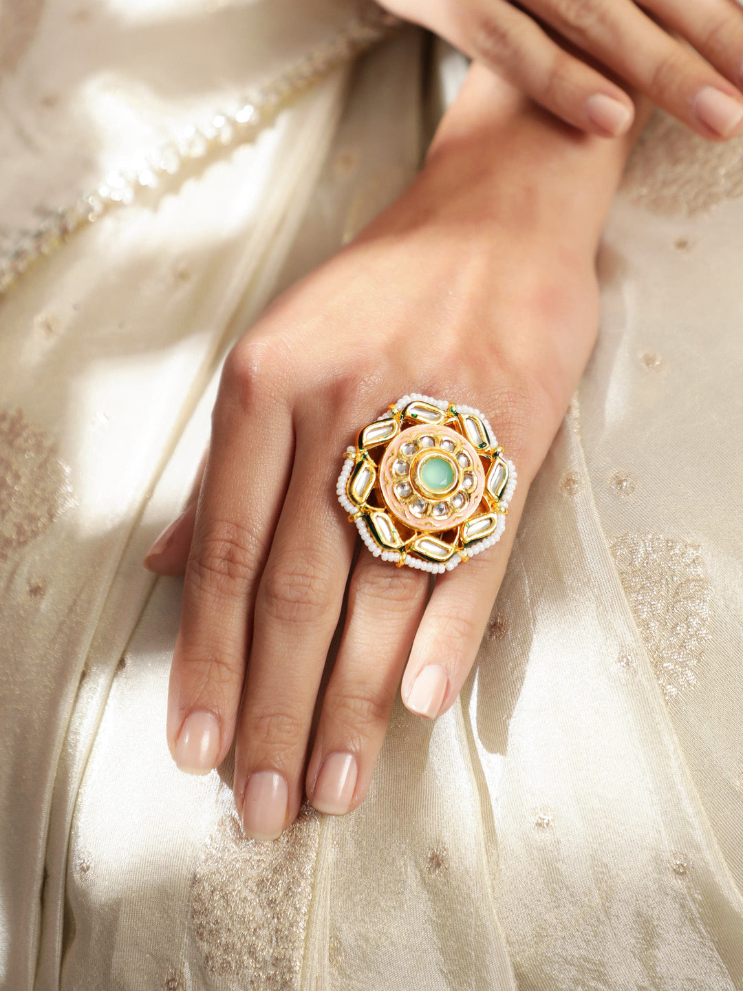 22K Gold plated kundan crystal with pastel enamel and pearl Regal Ring Rings