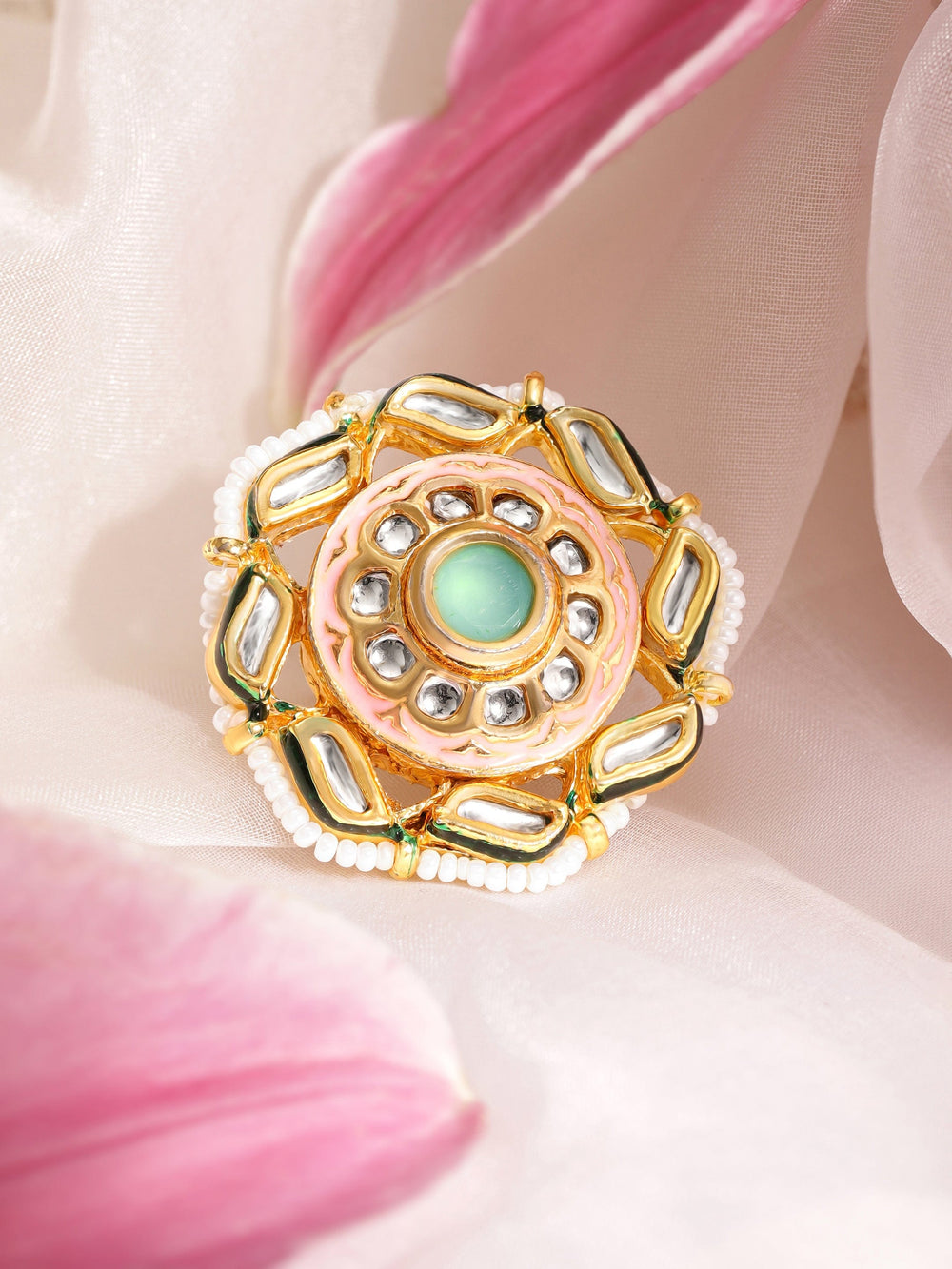 22K Gold plated kundan crystal with pastel enamel and pearl Regal Ring Rings