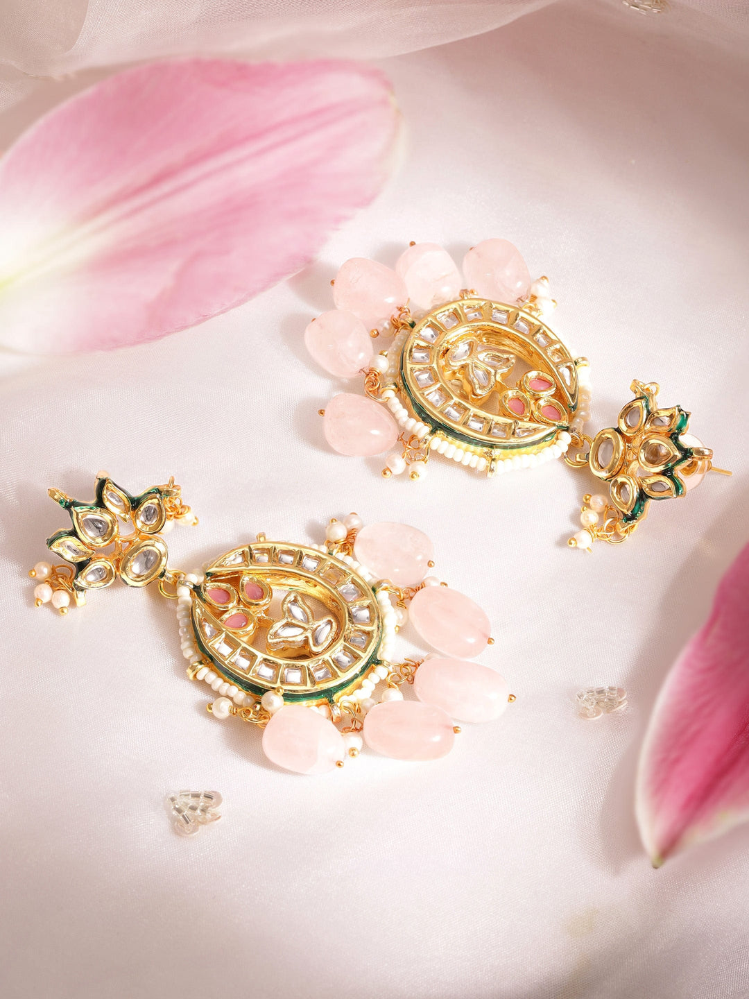 22K Gold plated Kundan crystal with pastel pink beaded and pearls Regal chandbali Earrings Earrings