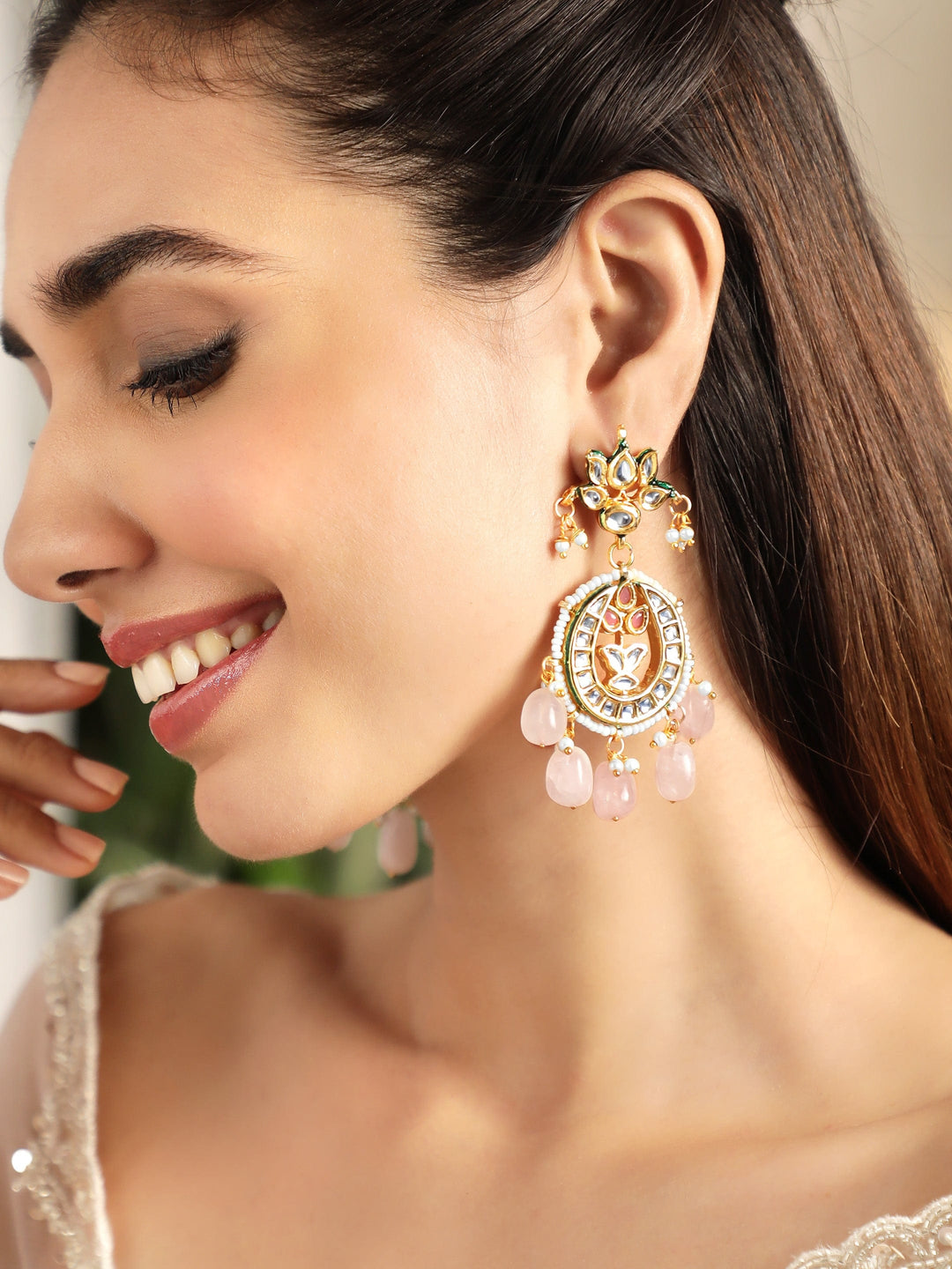 22K Gold plated Kundan crystal with pastel pink beaded and pearls Regal chandbali Earrings Earrings