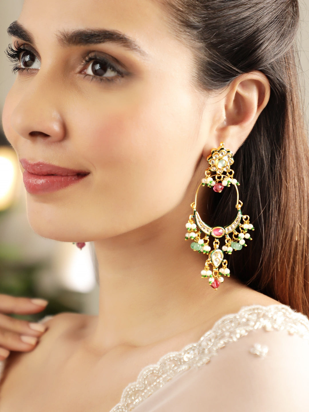 22K Gold plated kundan crystal with Pearl and Pastel beaded Regal chandbali Earring Earrings