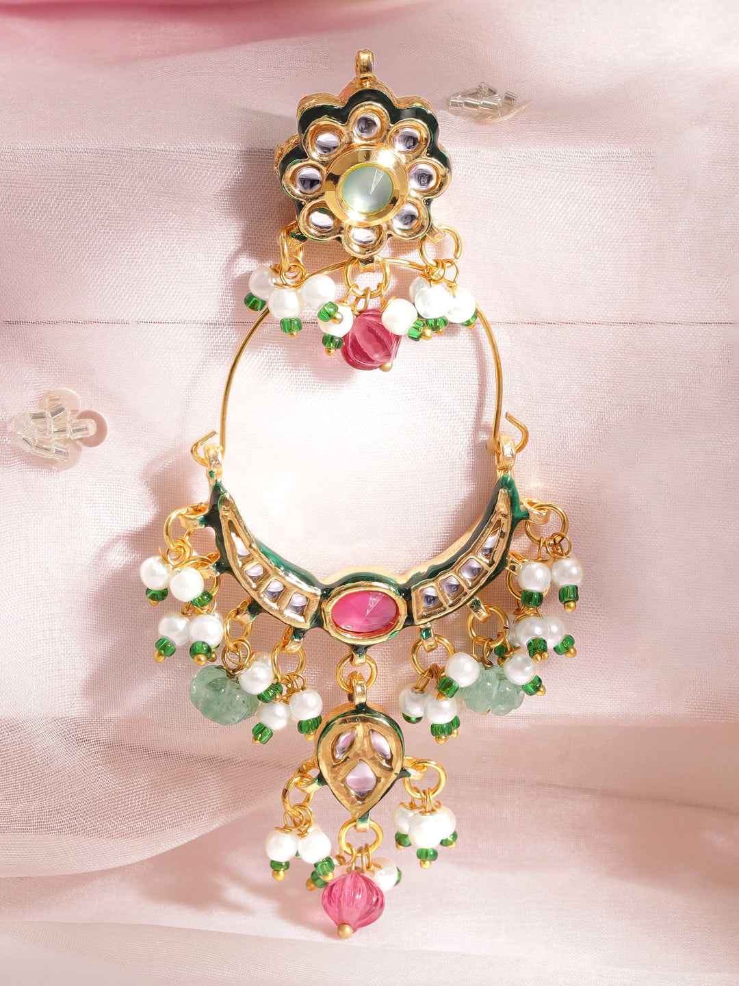 22K Gold plated kundan crystal with Pearl and Pastel beaded Regal chandbali Earring Earrings