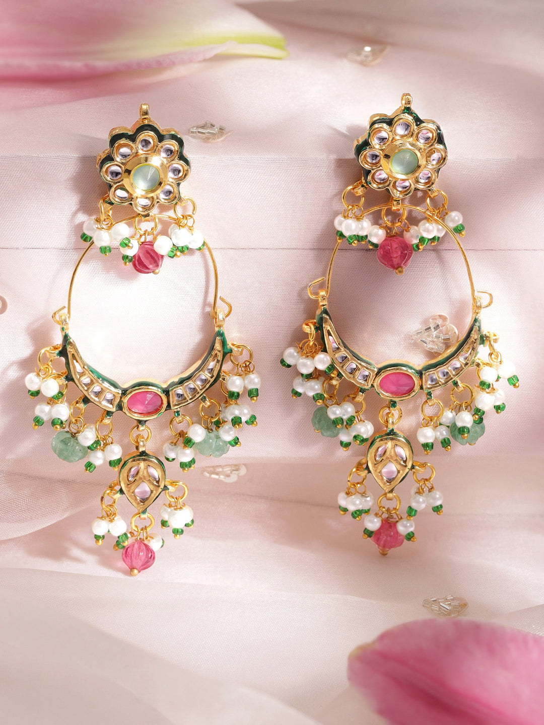 22K Gold plated kundan crystal with Pearl and Pastel beaded Regal chandbali Earring Earrings