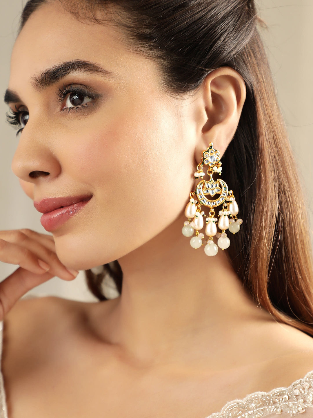 22K Gold plated kundan crystal with pearls and pastel beaded Regal chandbali earrings Earrings