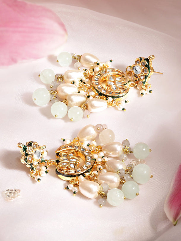 22K Gold plated kundan crystal with pearls and pastel beaded Regal chandbali earrings Earrings