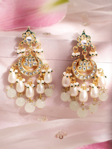 22K Gold plated kundan crystal with pearls and pastel beaded Regal chandbali earrings Earrings