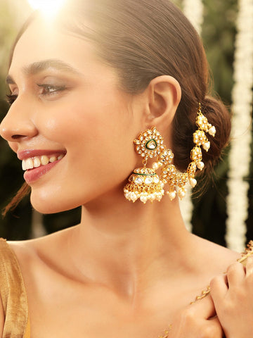22K Gold plated Kundan crystal with statement Kan chain earrings Earrings