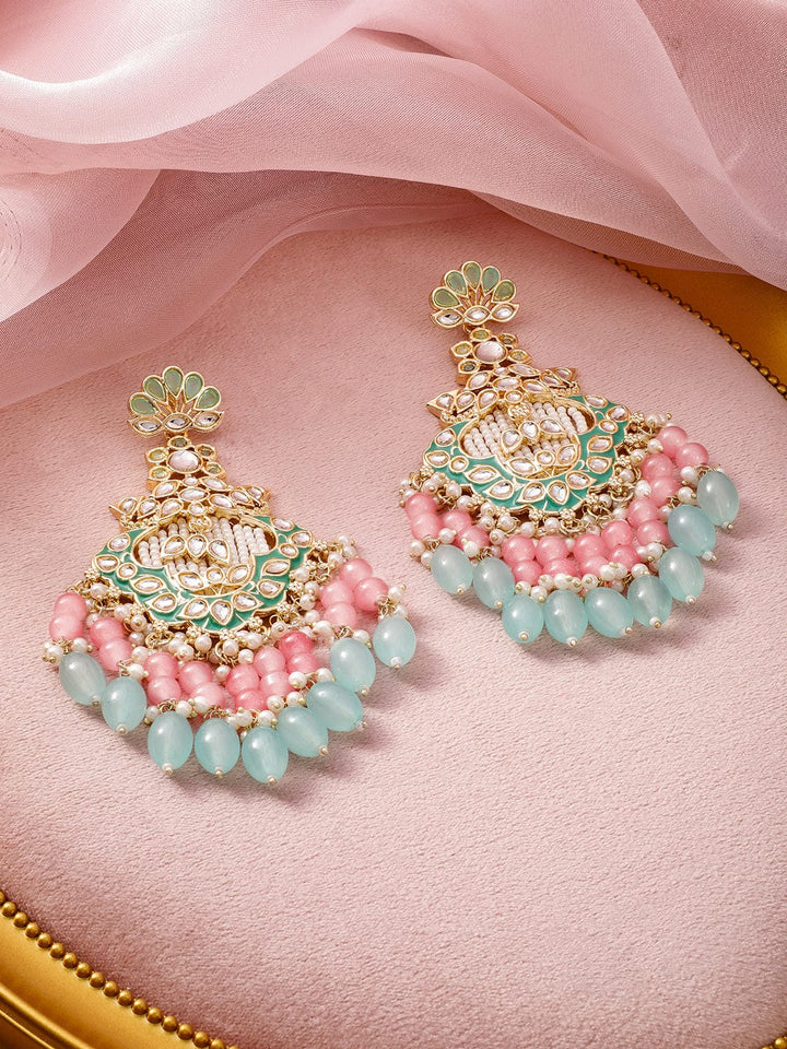 22K Gold-Plated Kundan & Green Enamel Chandbali Earrings with Pink & Aqua Blue Beads Chandbali Earrings