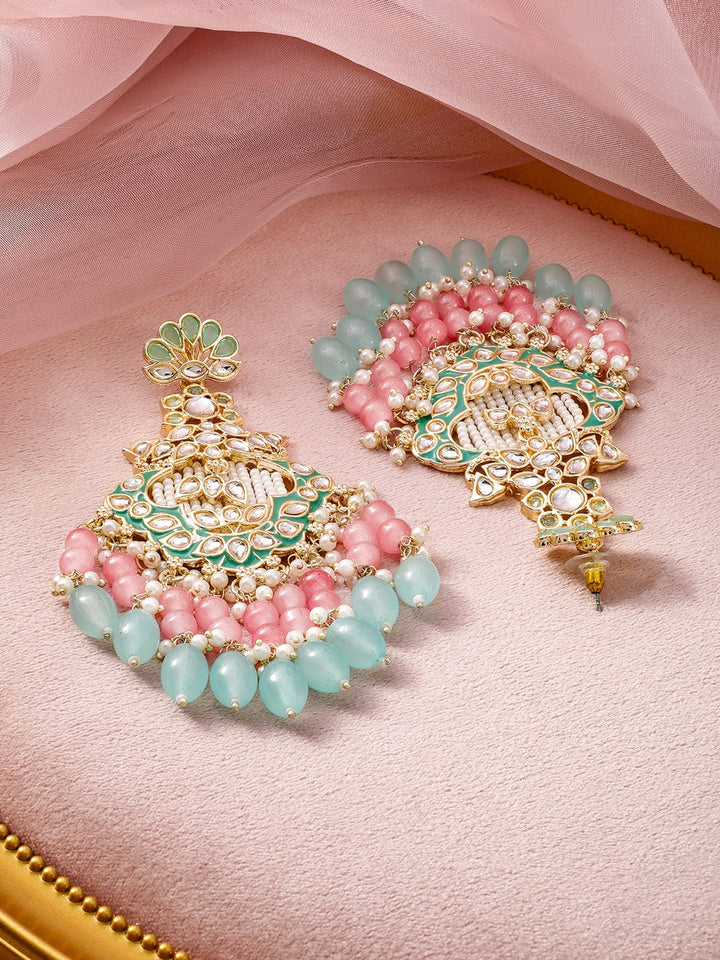 22K Gold-Plated Kundan & Green Enamel Chandbali Earrings with Pink & Aqua Blue Beads Chandbali Earrings