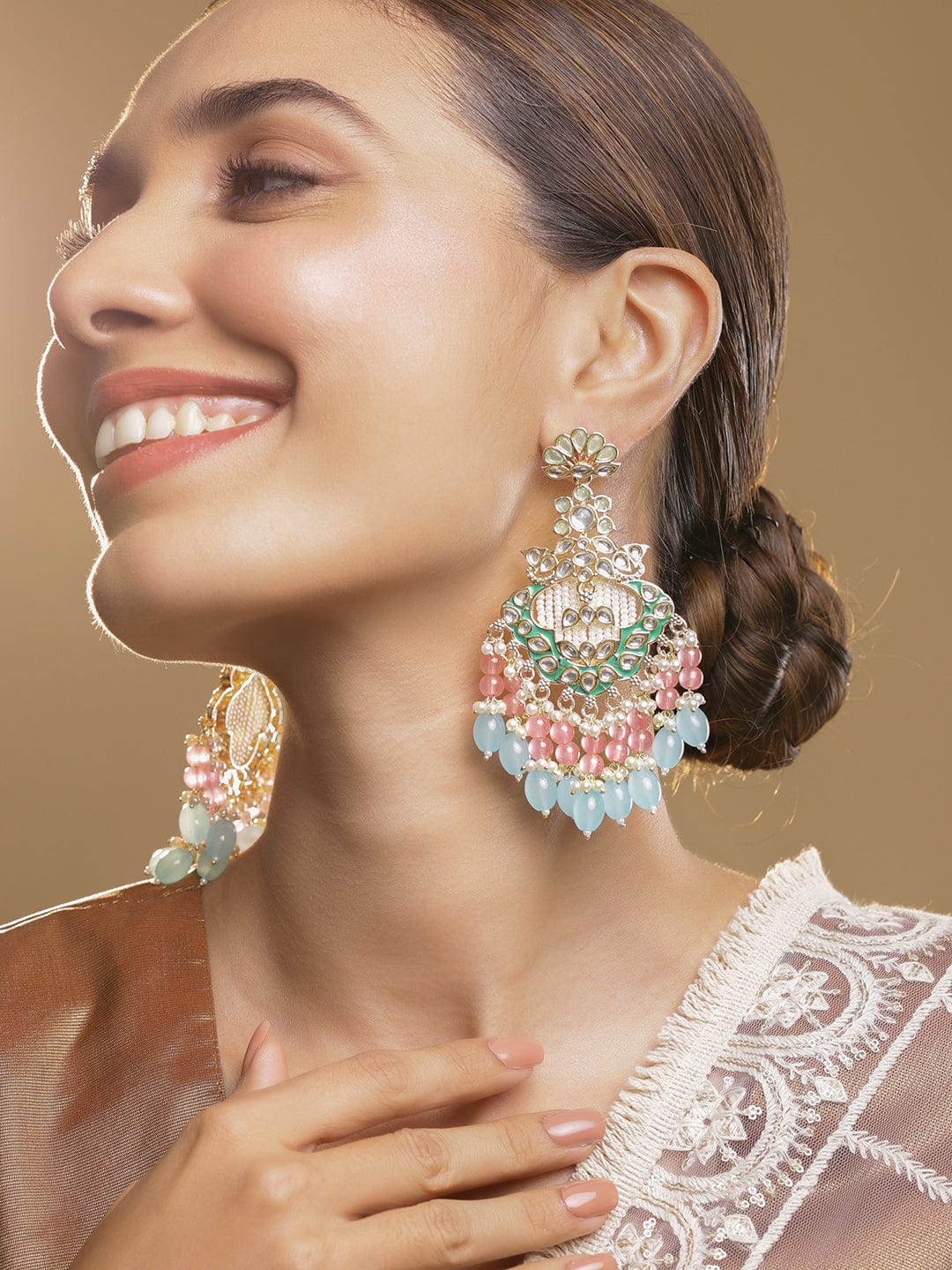 22K Gold-Plated Kundan & Green Enamel Chandbali Earrings with Pink & Aqua Blue Beads Chandbali Earrings