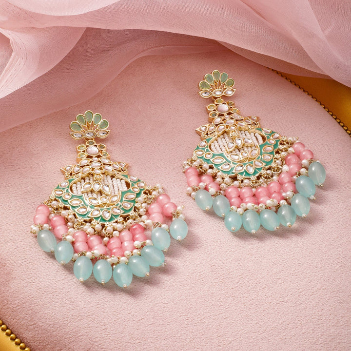 22K Gold-Plated Kundan & Green Enamel Chandbali Earrings with Pink & Aqua Blue Beads Chandbali Earrings