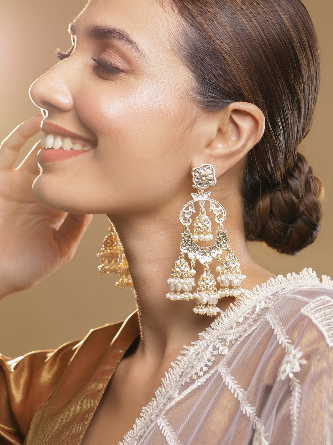 22K Gold Plated Kundan Pearl Chandelier Earrings Earrings