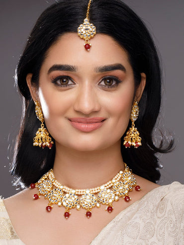 22K Gold-Plated Kundan-Studded Choker Necklace Set with Red Beads and Pearl Accents Jewellery Set