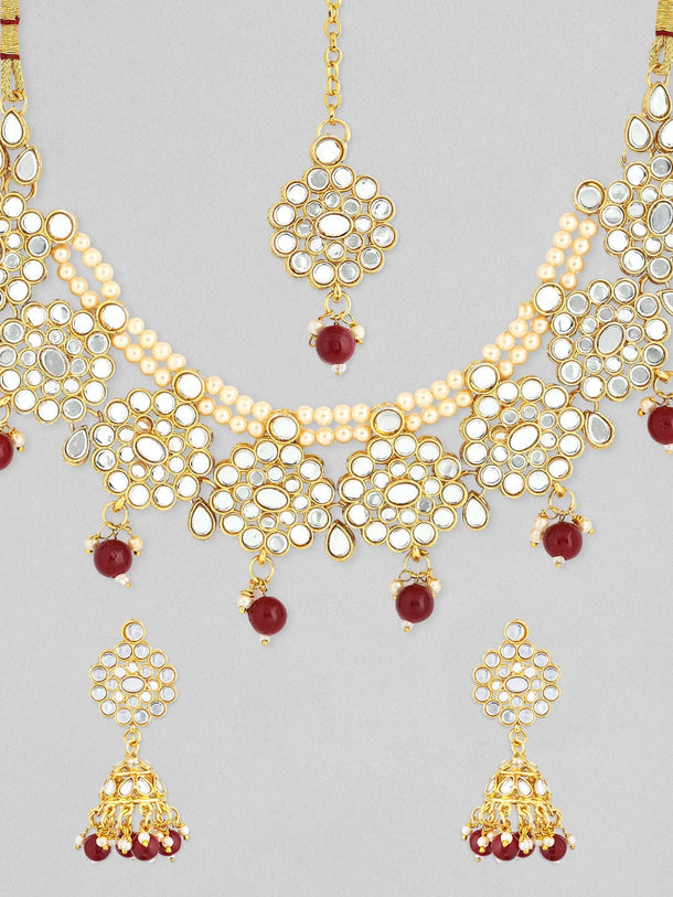 22K Gold-Plated Kundan-Studded Choker Necklace Set with Red Beads and Pearl Accents Jewellery Set