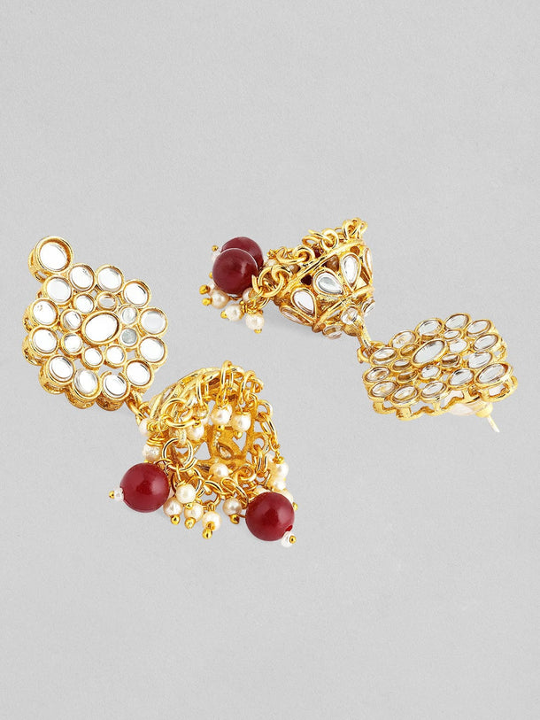 22K Gold-Plated Kundan-Studded Choker Necklace Set with Red Beads and Pearl Accents Jewellery Set
