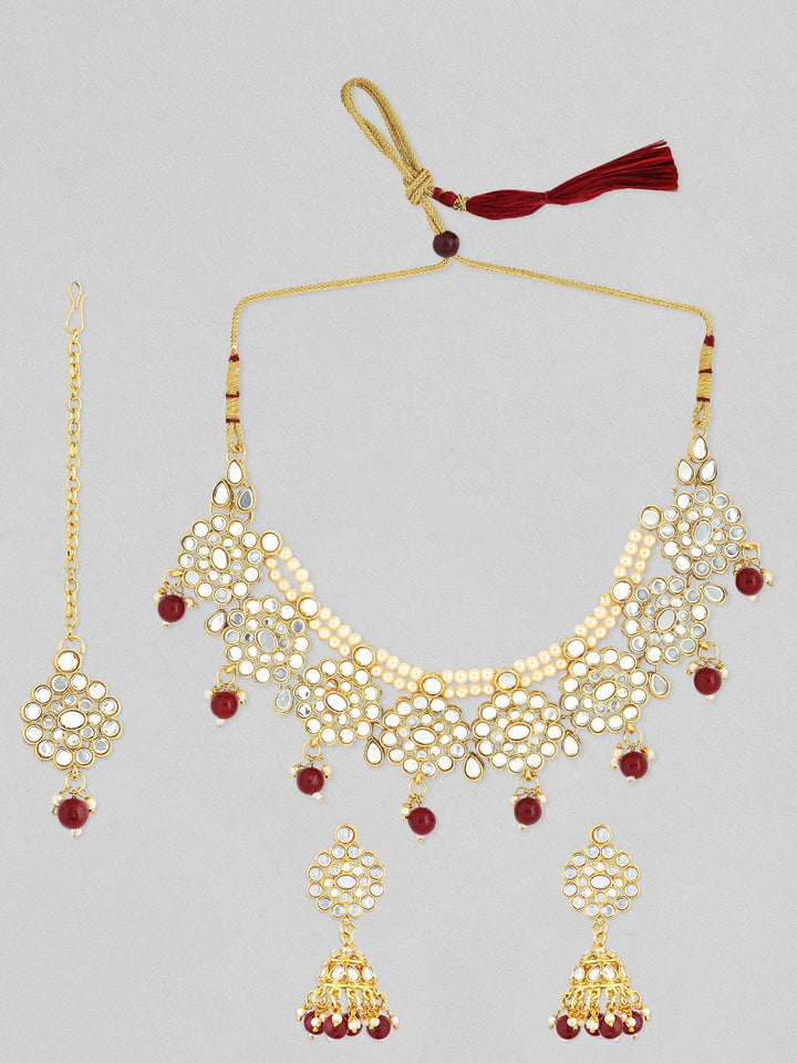 22K Gold-Plated Kundan-Studded Choker Necklace Set with Red Beads and Pearl Accents Necklace Set