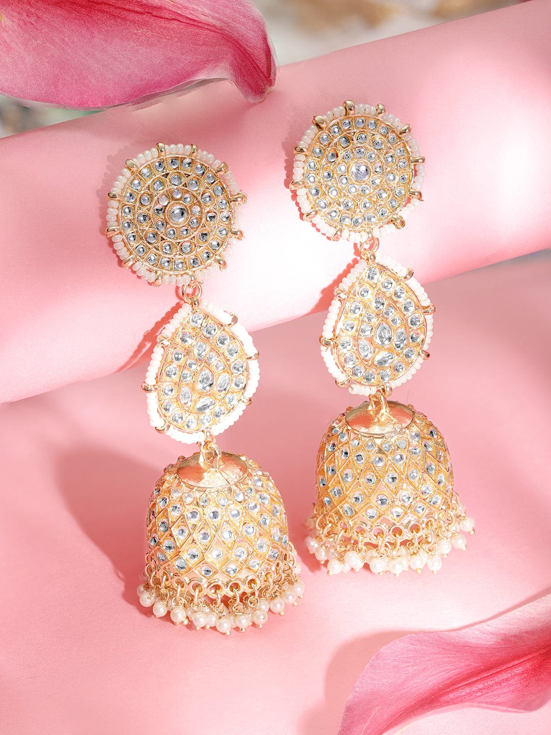 22K Gold Plated Kundan With Pearl Beaded Layered Statement Jhumka Earrings