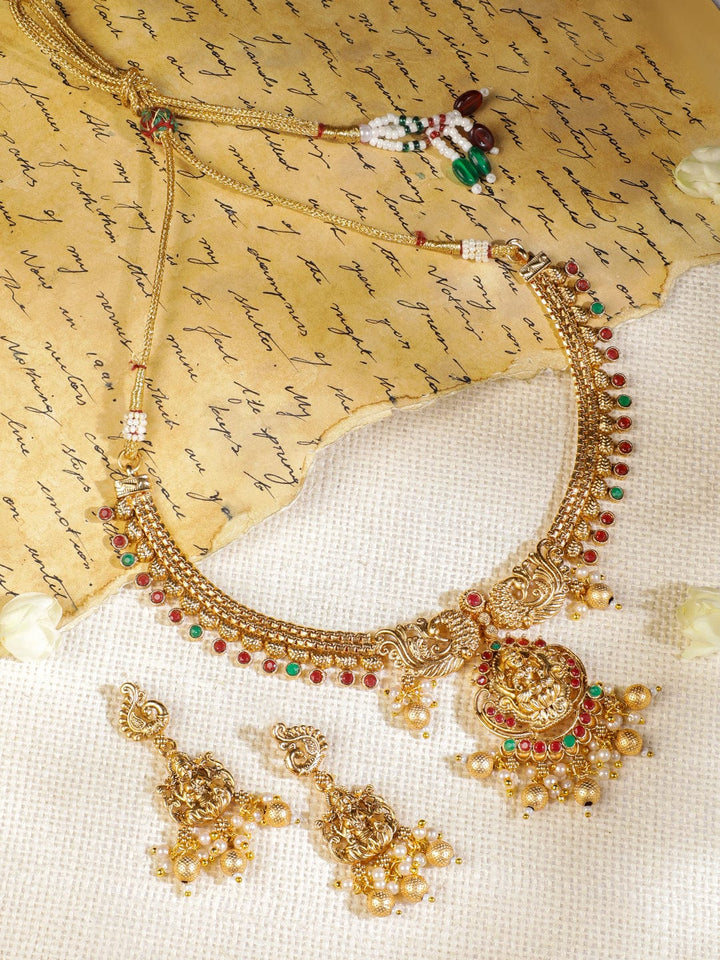 22k Gold Plated Lakshmi Motif, Ruby, Emerald & Pearl Temple Necklace Set Jewellery Set