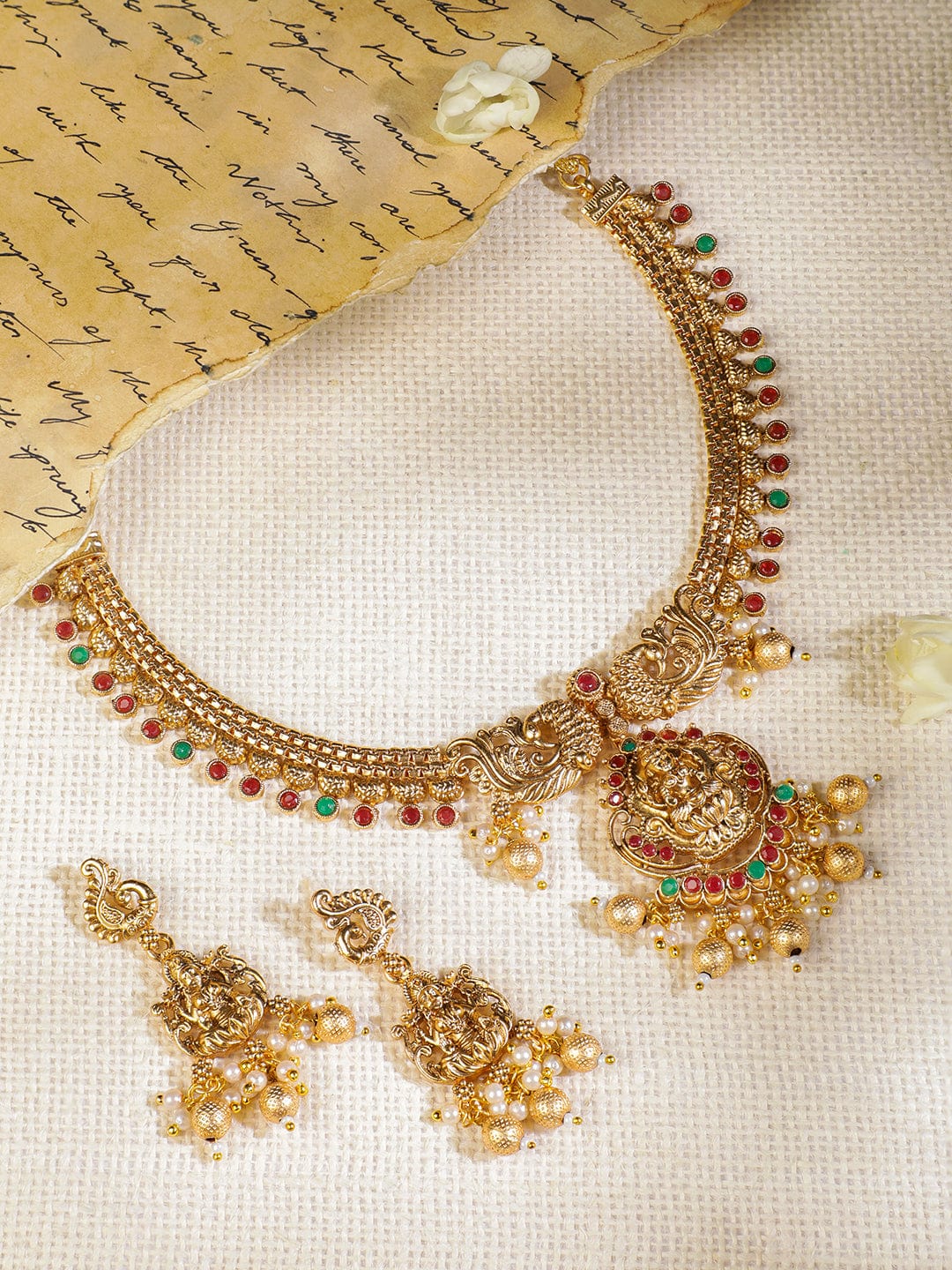 22k Gold Plated Lakshmi Motif, Ruby, Emerald & Pearl Temple Necklace Set Jewellery Set