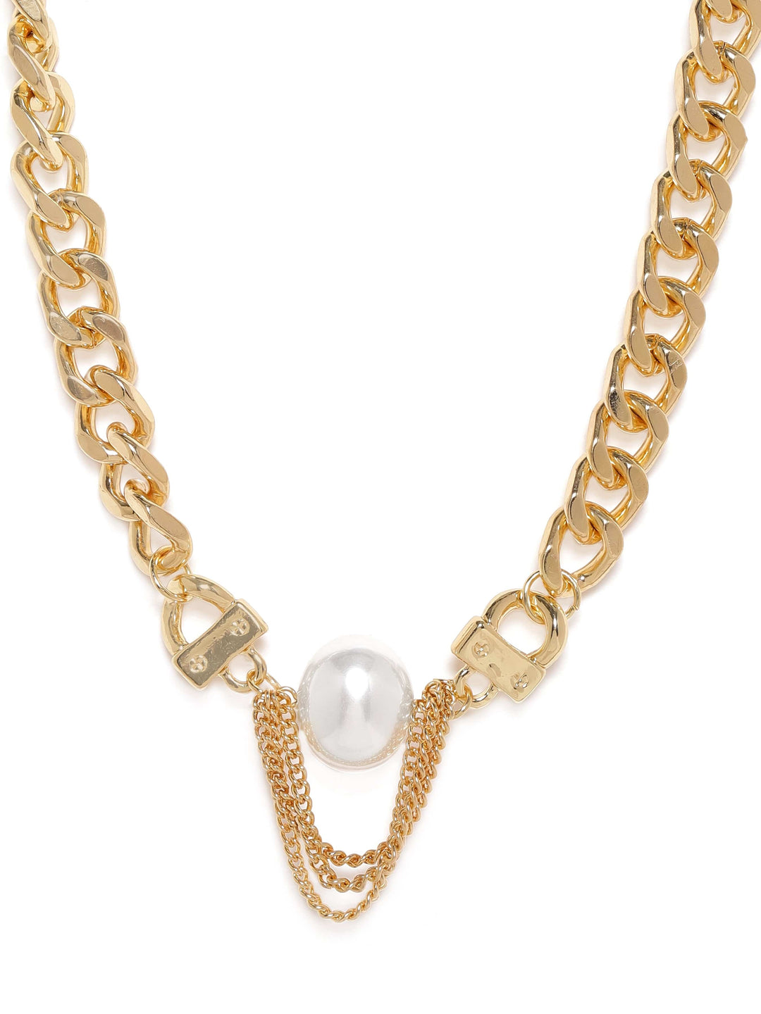 22K Gold Plated Link Chain Pearl Charm Statement Copper Necklace Necklaces