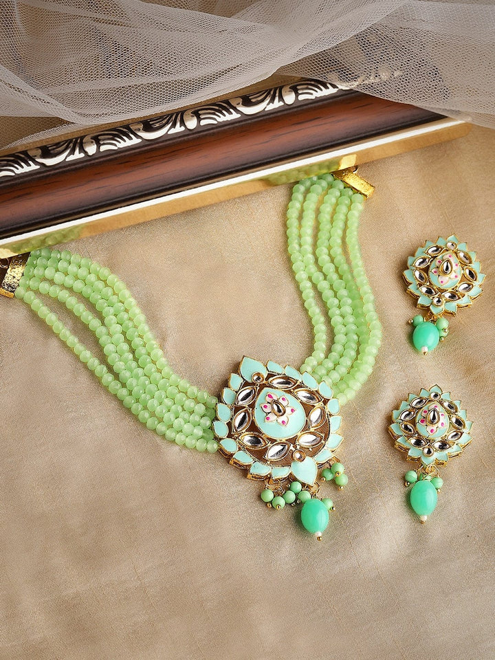 22K Gold-Plated Mint Green Beaded Choker Jewellery Set with Intricate Kundan Work Necklace Set