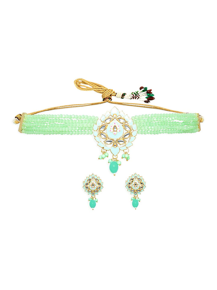 22K Gold-Plated Mint Green Beaded Choker Jewellery Set with Intricate Kundan Work Necklace Set