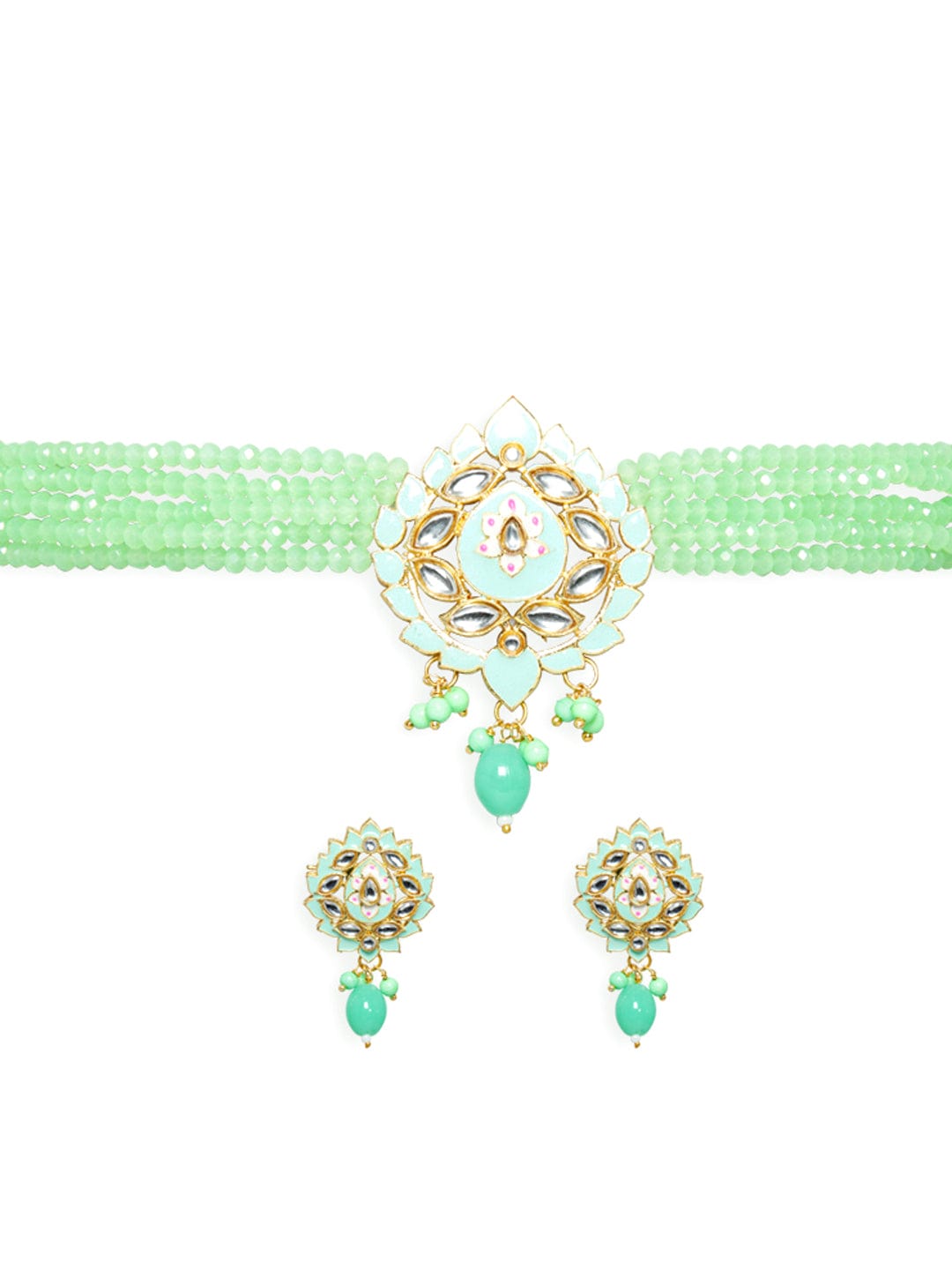 22K Gold-Plated Mint Green Beaded Choker Jewellery Set with Intricate Kundan Work Necklace Set