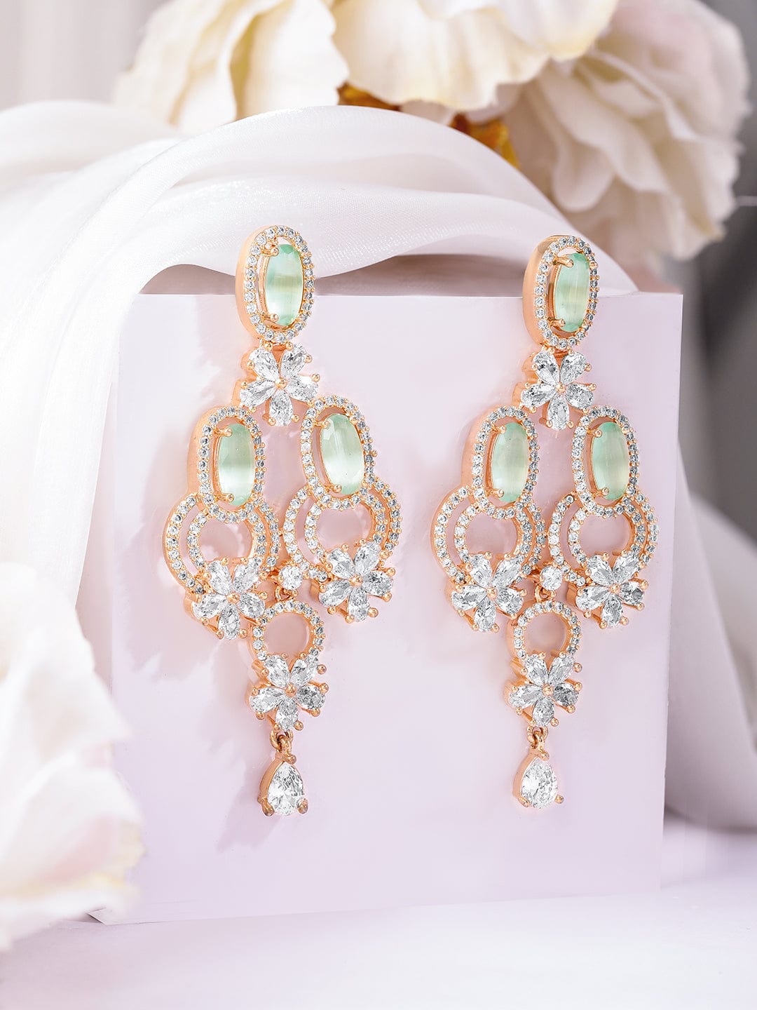 22K Gold Plated Mint Green Gemstone & Cubic Zicronia Studded Premium Drop Earrings Earrings