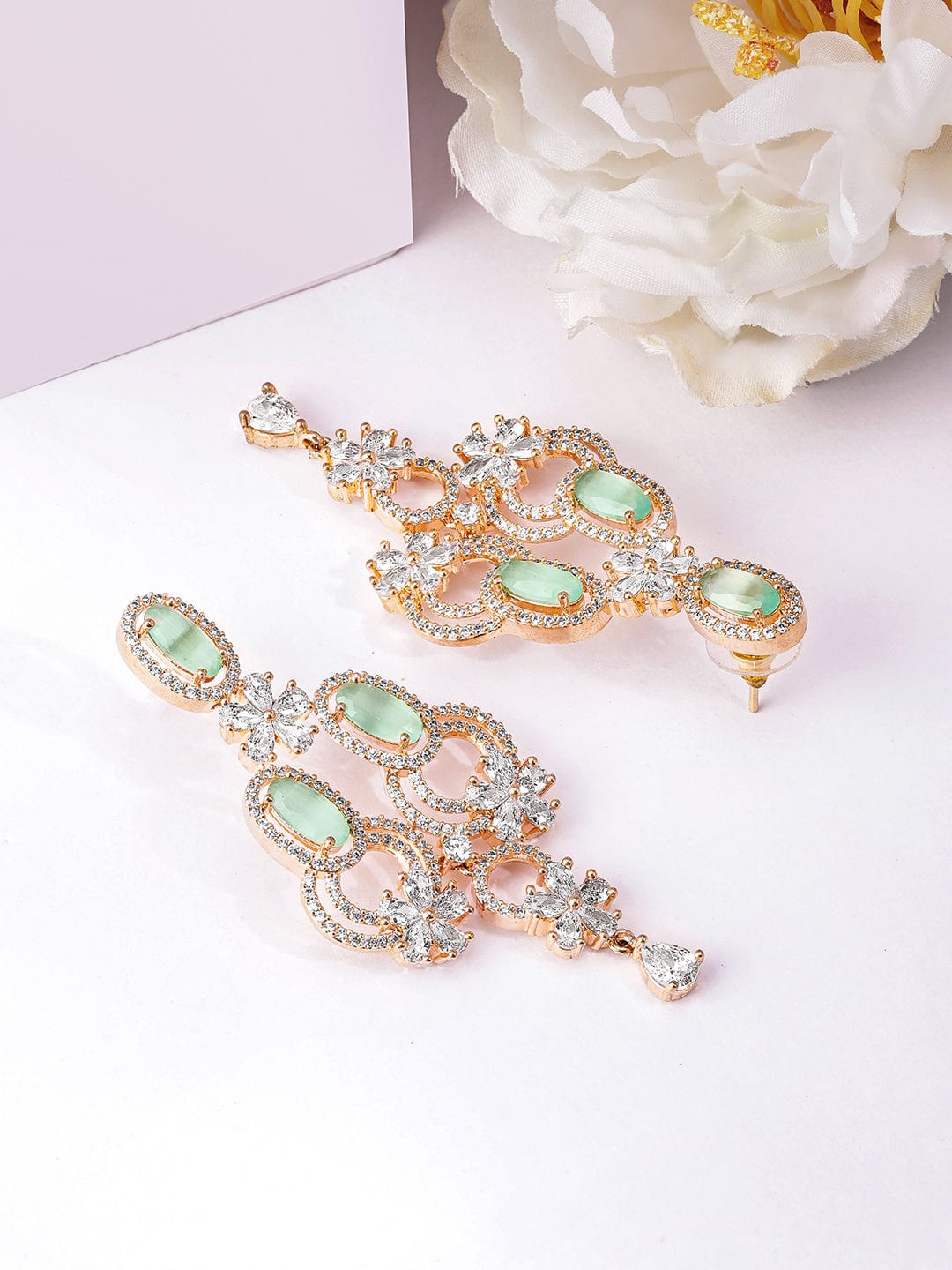 22K Gold Plated Mint Green Gemstone & Cubic Zicronia Studded Premium Drop Earrings Earrings