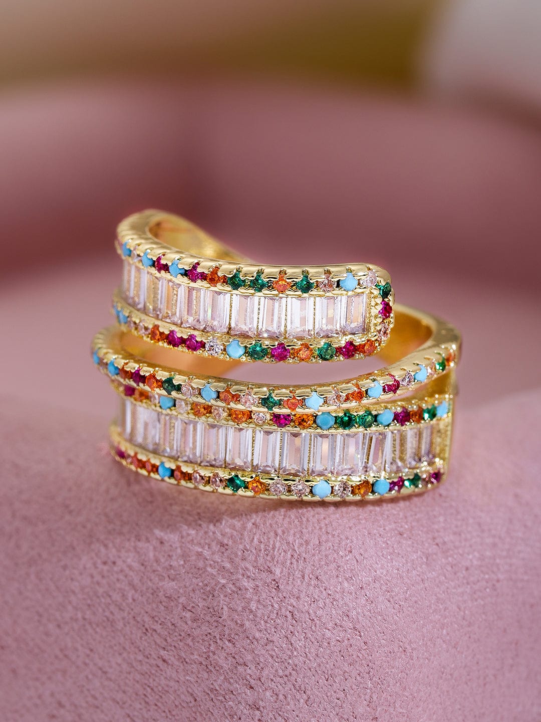 22K Gold Plated Multicolor AD & Cubic Zirconia Studded Adjustable Finger Ring Ring