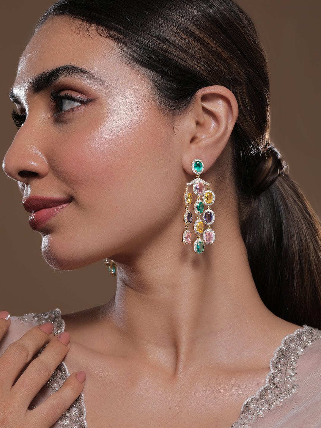 22K Gold-Plated Multicolor AD & Cubic Zirconia Studded Premium Chandelier Earrings Chandbalis