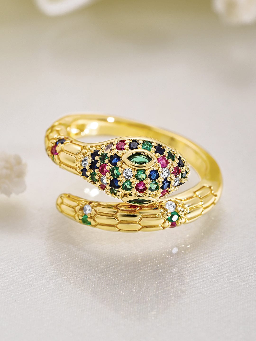 22K Gold Plated Multicolor Cubic Zirconia Studded Snake Motif Adjustable Ring Ring