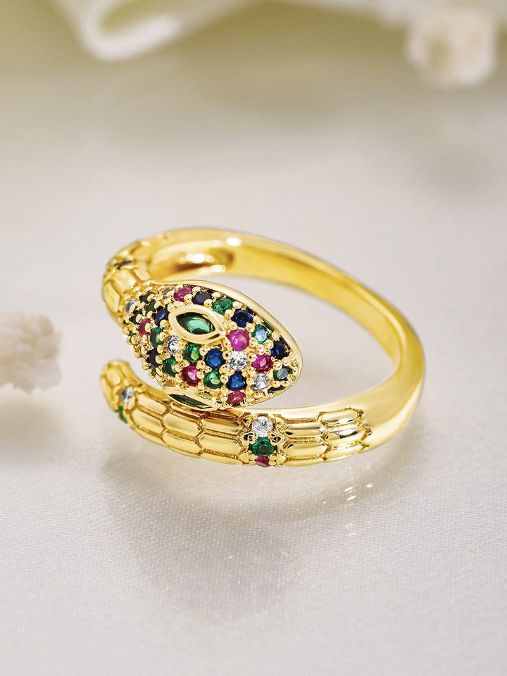 22K Gold Plated Multicolor Cubic Zirconia Studded Snake Motif Adjustable Ring Ring