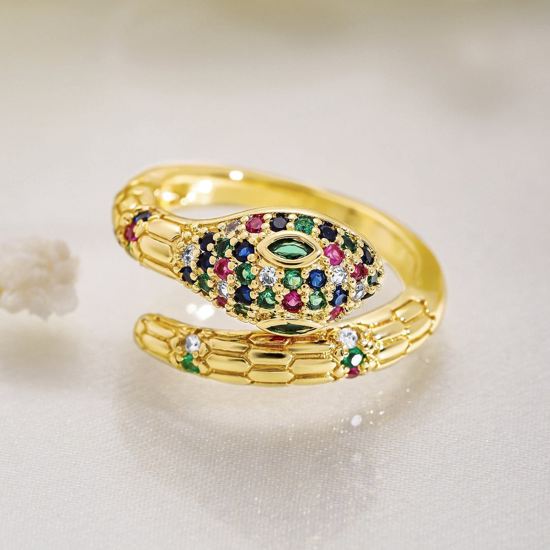 22K Gold Plated Multicolor Cubic Zirconia Studded Snake Motif Adjustable Ring Ring