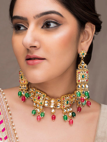 22K Gold-Plated Multicolor Kundan Choker Set with Red, Green, and White Beads Jewellery Set
