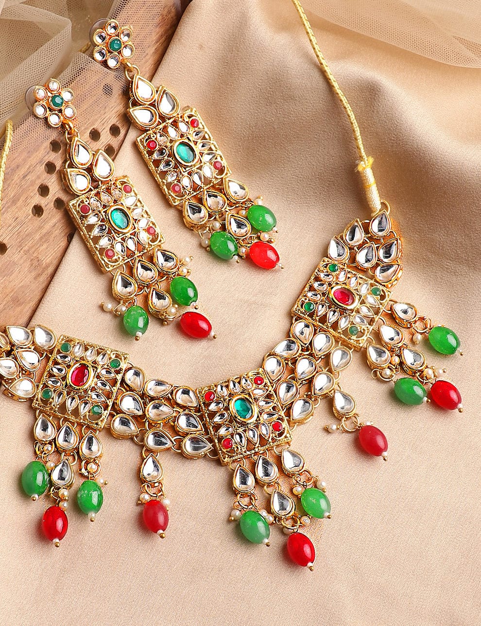 22K Gold-Plated Multicolor Kundan Choker Set with Red, Green, and White Beads Jewellery Set