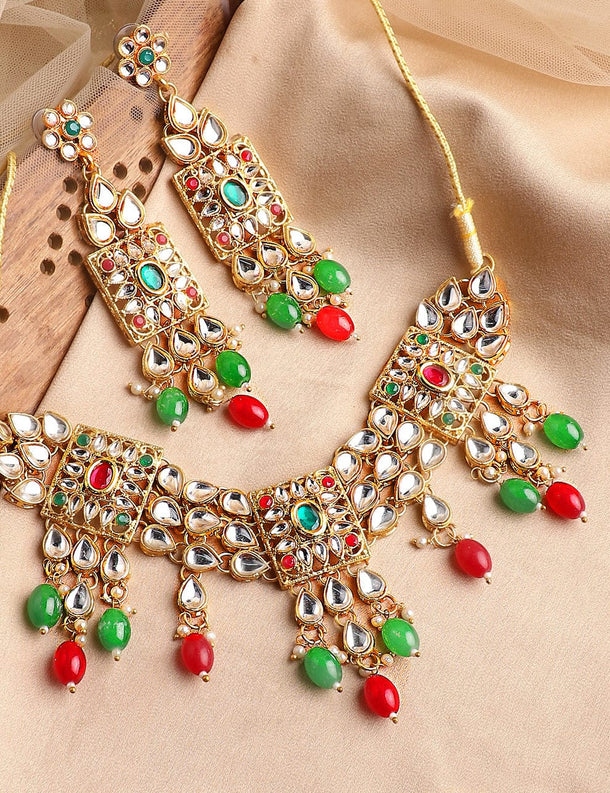 22K Gold-Plated Multicolor Kundan Choker Set with Red, Green, and White Beads Jewellery Set