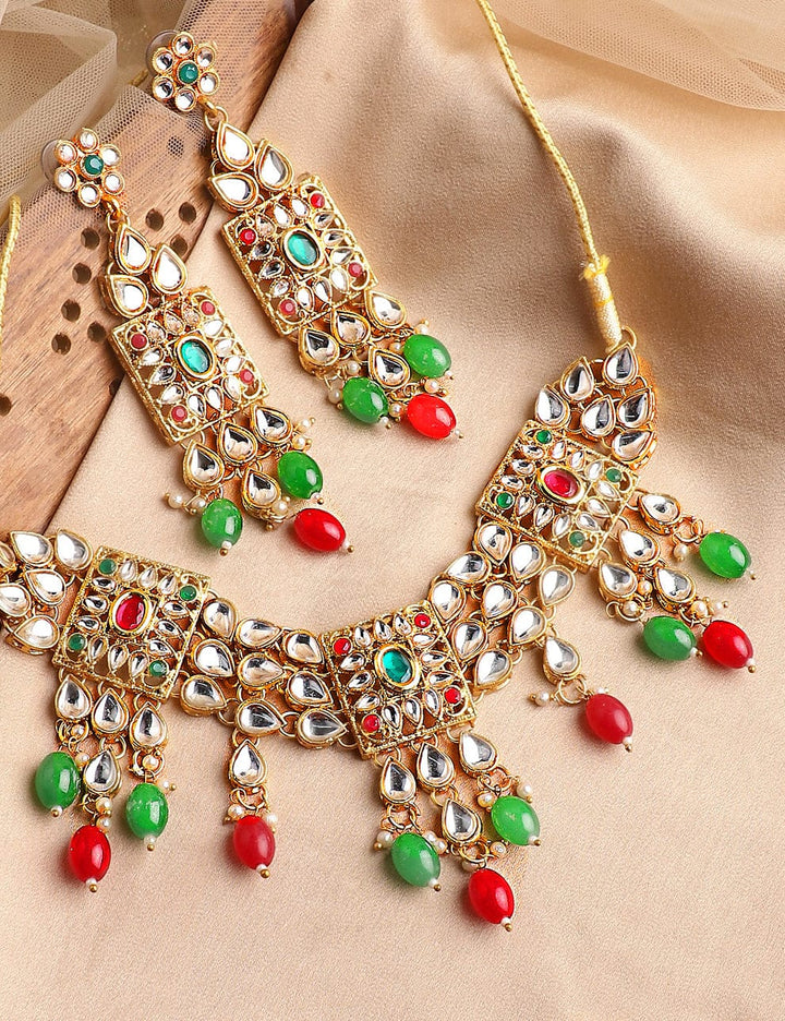 22K Gold-Plated Multicolor Kundan Choker Set with Red, Green, and White Beads Jewellery Set
