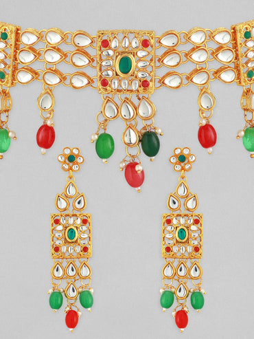 22K Gold-Plated Multicolor Kundan Choker Set with Red, Green, and White Beads Jewellery Set