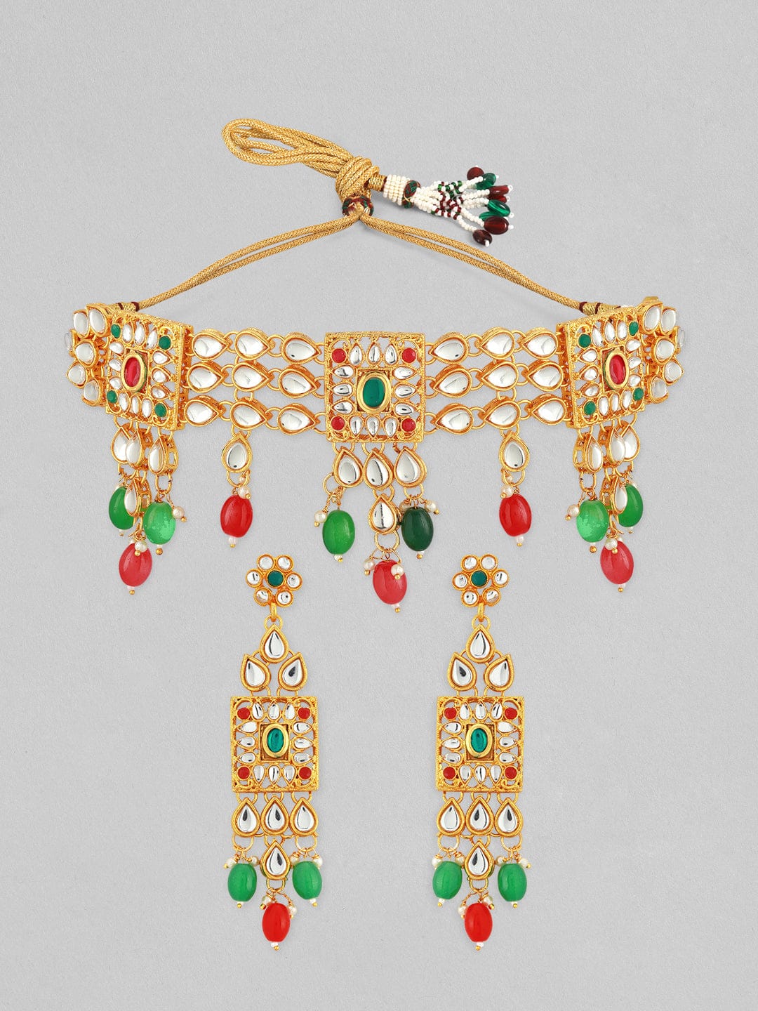 22K Gold-Plated Multicolor Kundan Choker Set with Red, Green, and White Beads Jewellery Set