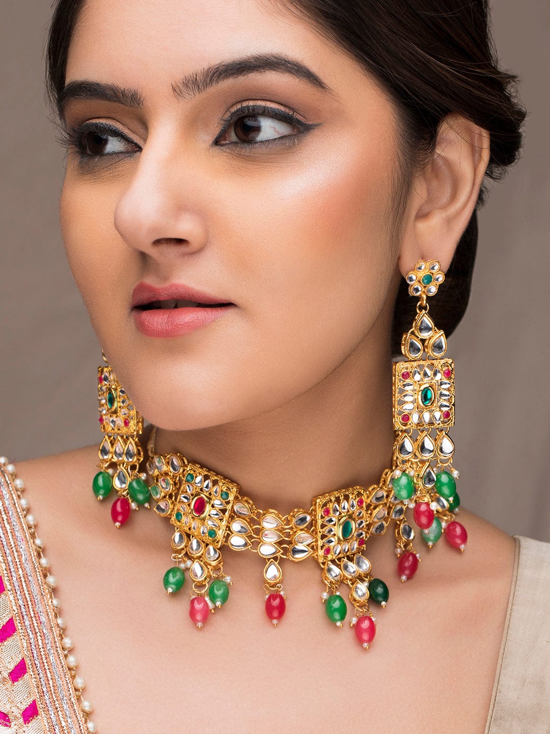 22K Gold-Plated Multicolor Kundan Choker Set with Red, Green, and White Beads Necklace Set