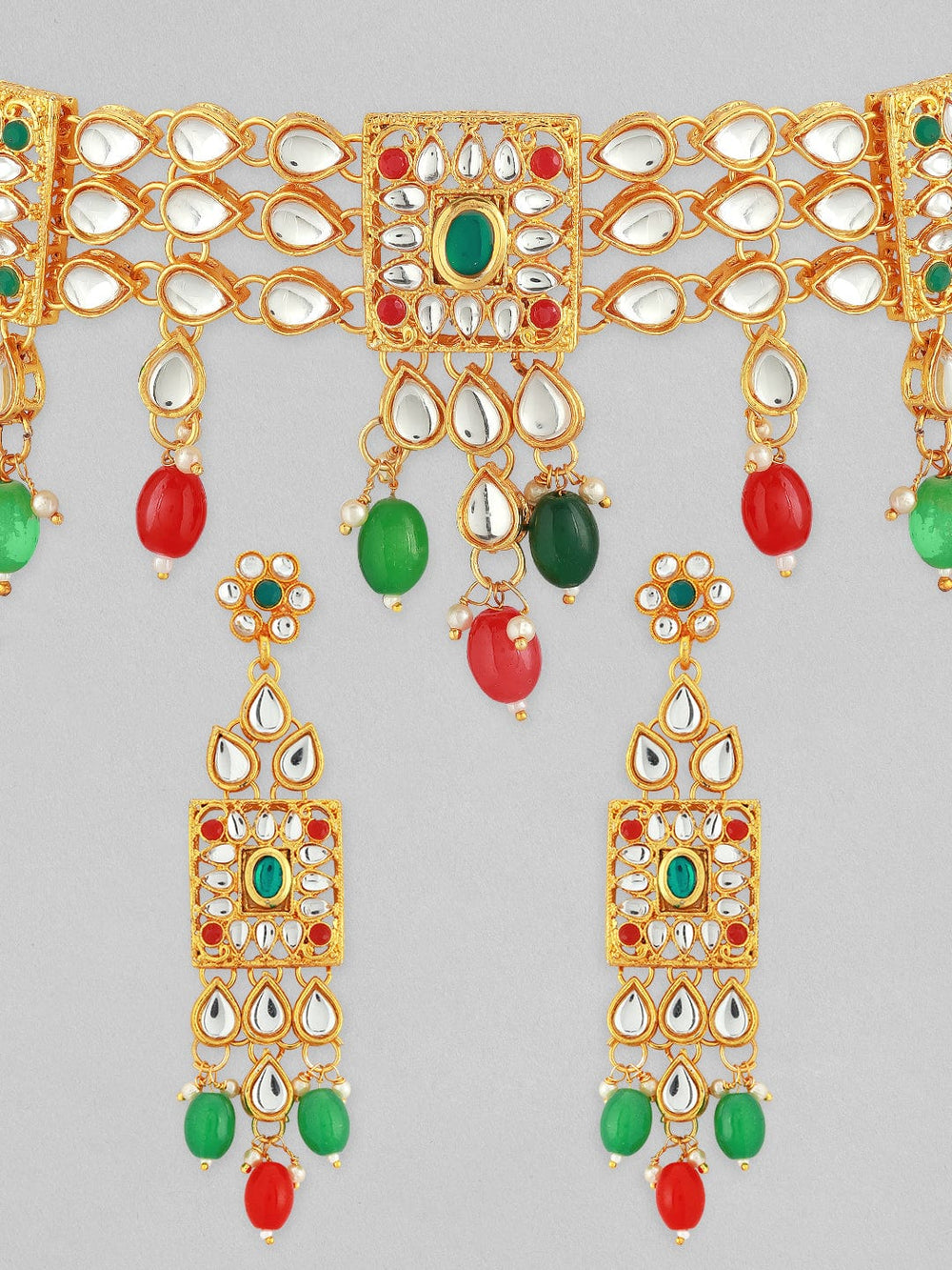 22K Gold-Plated Multicolor Kundan Choker Set with Red, Green, and White Beads Necklace Set