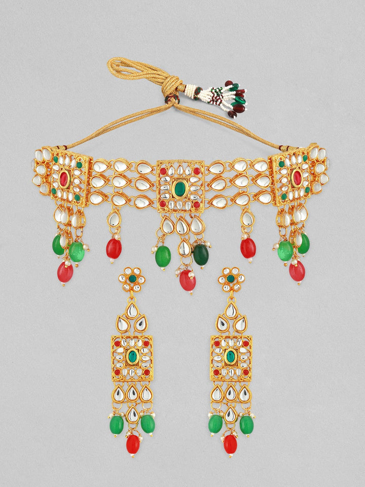 22K Gold-Plated Multicolor Kundan Choker Set with Red, Green, and White Beads Necklace Set