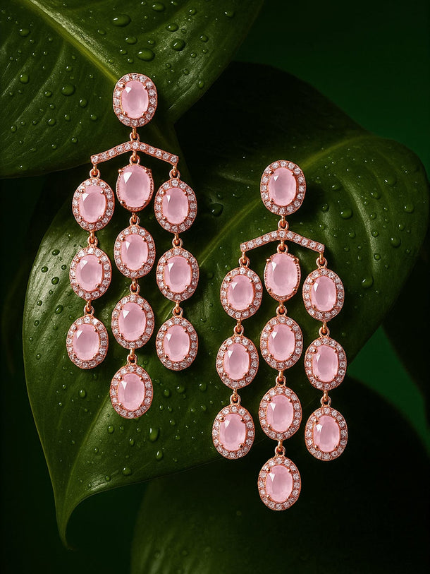 22K Gold-Plated Pastel Pink Crystal & Cubic Zirconia Studded Multilayer Chandelier Earrings Chandbalis